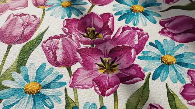 Close-up view of spring floral pattern featuring tulips and daisies. Bright design on textured surface suitable for use in crafts, home decor, and stationery
