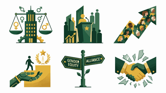 Set of vector icons representing gender equality and social alliance concepts with flat design style in green and yellow color palette