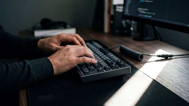Hands of Developer Typing on Backlit Mechanical Keyboard in Moody Office for Tech Website