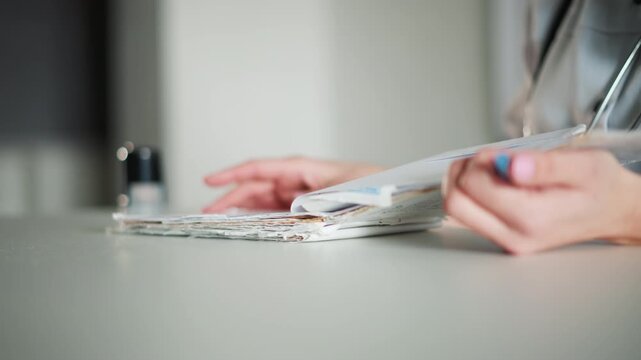 White nurse at desk organizing patient forms, masked clinician flips through chart pages, stethoscope draped around neck, soft clinical lighting, closeup on hands and documents showing careful intake