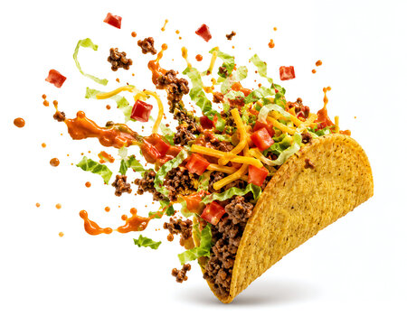 Hard shell taco with fresh ingredients exploding out isolated on white background