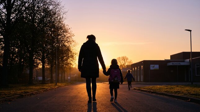 Silhouette of a person taking children to school - Depicting the interaction of a mother or father holding a child's hand, symbolizing family life and daily routine.