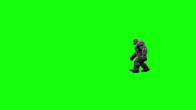 A powerful 3D animated stone golem elemental walking forward in a side profile view against a solid green background. This fantasy monster asset is ideal for video game promos, cinematic film vfx, and