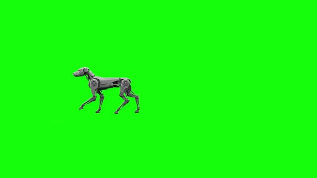 A 3D animation of a metal bipedal robotic dog walking forward in a side profile perspective. This green screen chroma key asset is ideal for science fiction films, tech presentations, and automation c