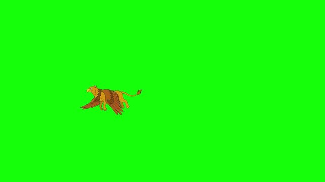 A golden-brown mythical creature resembling a lion-bird hybrid or gryphon flies mid-air against a bright green screen background. This 2D animated fantasy beast element is useful for games, storytelli