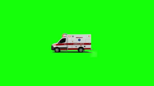 A white and red emergency medical service vehicle drives fast from right to left across the screen. This 3D stylized animation is set against a solid chroma key background for seamless integration int