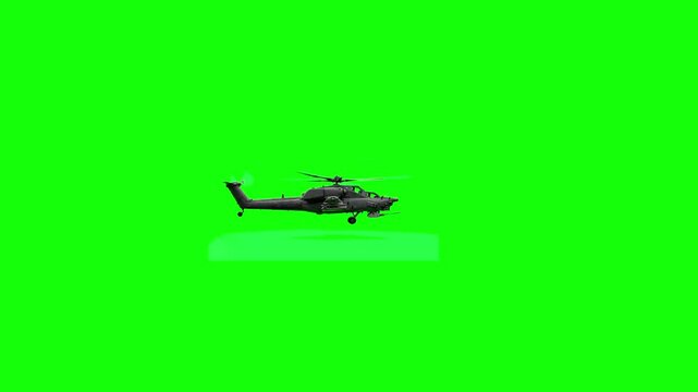 A high-quality 3D animated attack helicopter in flight against a solid green screen. Ideal for modern military video projects, flight simulations, or action-oriented motion graphics.