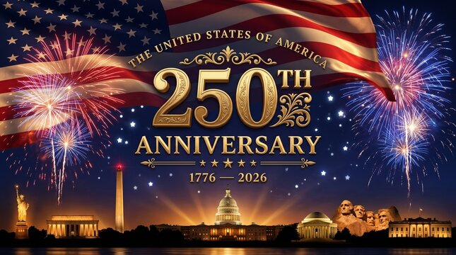 4th of July 250 years USA Independence Day, USA Landmarks 250th Anniversary Fireworks Night Skyline with American Flag, Patriotic Celebration Background of United States Monuments