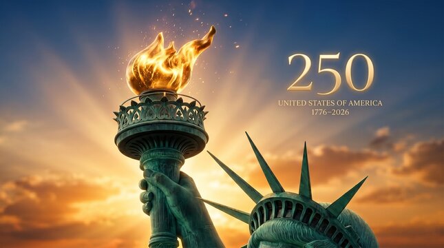 4th of July 250 years USA Independence Day, Statue of Liberty Torch with Flames at Sunset for USA Freedom and 250th Anniversary Celebration Concept