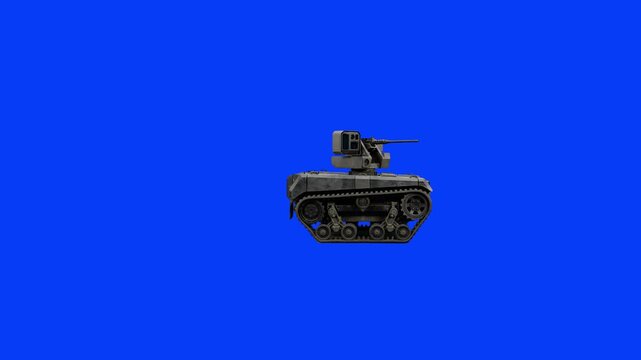 A detailed 3D animated model of a tracked unmanned ground combat vehicle moving across the frame against a green screen. Perfect for futuristic wargames, modern military simulations, and robotics/AI-t