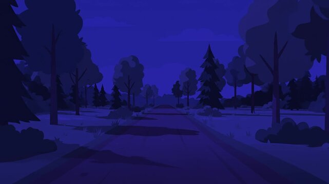 An atmospheric 2D animated loop of a forest at night with a blue-tinted landscape and trees. Perfect for background use in animations, spooky storytelling, or game environment design.