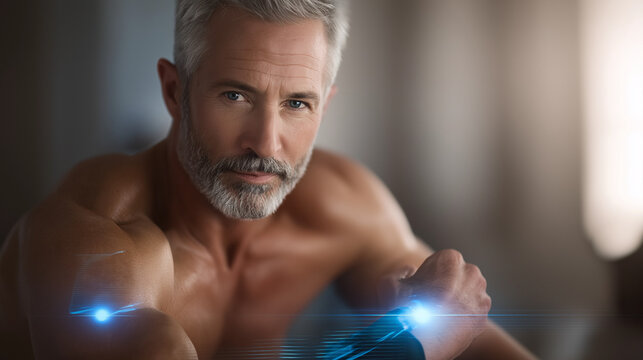 Focused middle-aged man training with glowing virtual gloves in gym