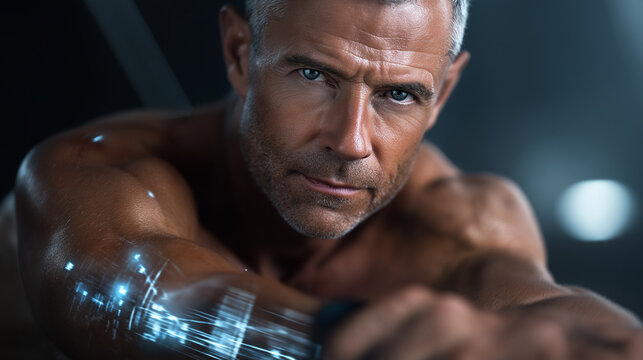 Futuristic cyborg man with metallic robotic arm in dim light