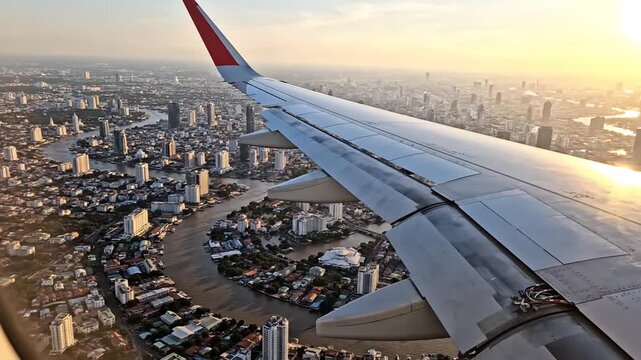 Airplane wing view over a cityscape during sunset travel concept