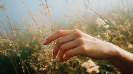 Fototapeta premium Close-up of a serene hand gently touching dry grass in soft natural light