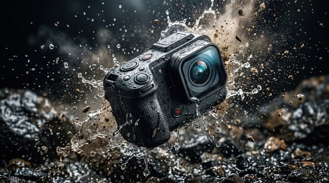 Waterproof action camera in water splashes and dirt explosion
