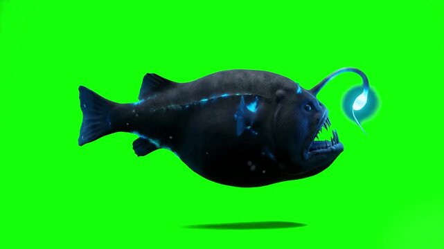 A housing 3D animated deep-sea anglerfish swimming forward with its glowing bioluminescent lure on a solid green backdrop. This high-detail asset is tailored for fantasy films, marine biology document