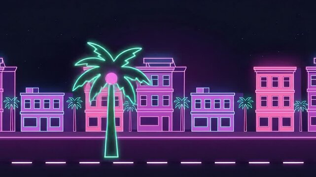 A stylish night-time urban background loop featuring retro-futuristic neon lights, buildings, and palm trees. Perfect for synthwave, cyberpunk, or nightlife-themed animated projects and music visualiz