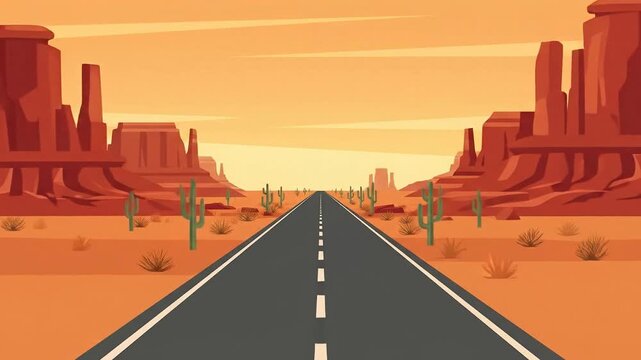 A minimalist 2D animated loop of a long asphalt highway stretching into the distance through a desert. Features cacti and mountains, perfect for road trip animations, travel videos, or driving game ba