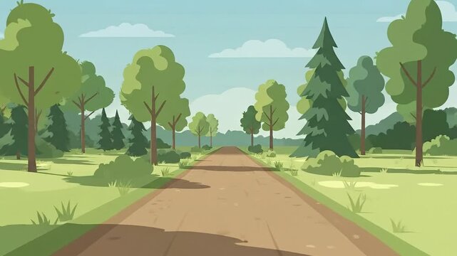 A beautiful flat-style 2D animated loop of a peaceful dirt road winding through a lush green forest. Ideal for nature-themed storytelling, educational video backgrounds, or platformer game levels.