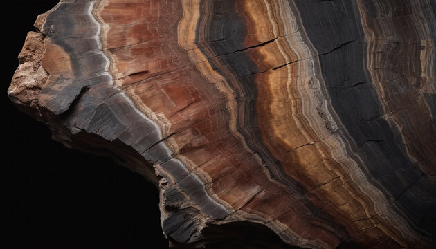 Close up of rough layered volcanic rock with brown and grey mineral veins