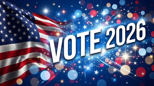 American flag waving with 'VOTE 2026' text and celebratory confetti and lights, symbolizing an upcoming election.