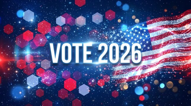The American flag waves proudly next to the words "VOTE 2026" amidst a backdrop of red, white, and blue hexagonal shapes and sparkling lights, symbolizing an upcoming election.