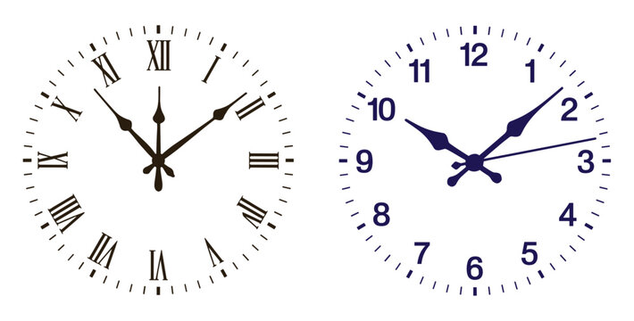Dual Clock Faces: A comparison of Roman and Arabic numerals on clock faces. time concept, measurement, history, digital, analog.