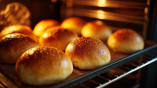 Fresh golden bread rolls baking in modern oven with warm lighting