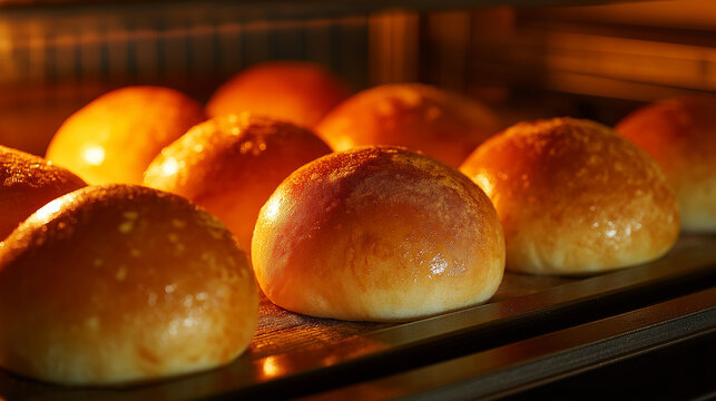 Freshly baked golden bread rolls cooling on oven rack with warm lighting