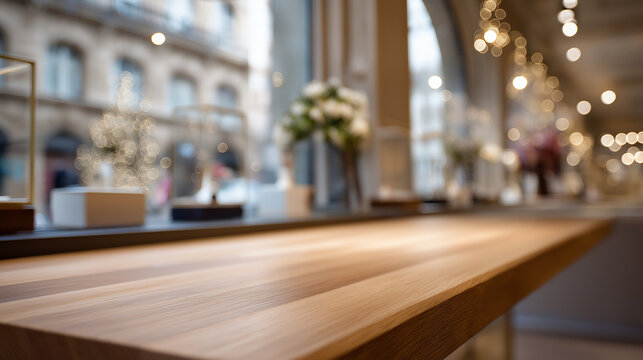 Empty wooden countertop with blurred cozy cafe interior and bokeh lights