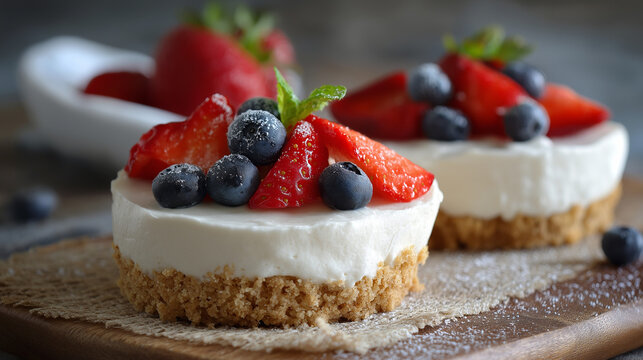 Close-up of Mini Cheesecakes with Fresh Strawberries and Blueberries on Rustic Surface