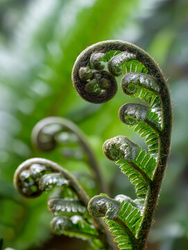 Close-up of green fern fiddlehead leaves with natural blurred background