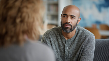 Obraz premium Professional African American man attentively listening during office meeting