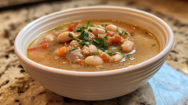 Homemade white bean soup with vegetables and fresh herbs in white bowl