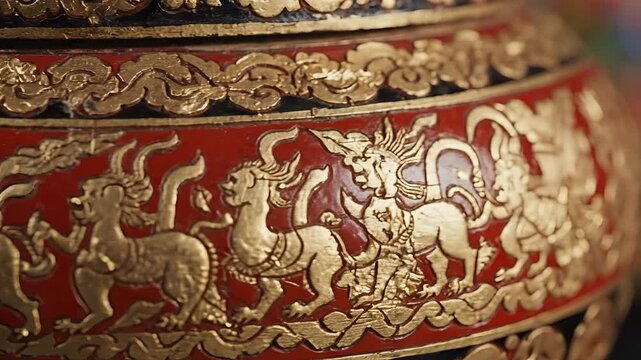Intricate Golden Mythical Creatures on Red Lacquerware.