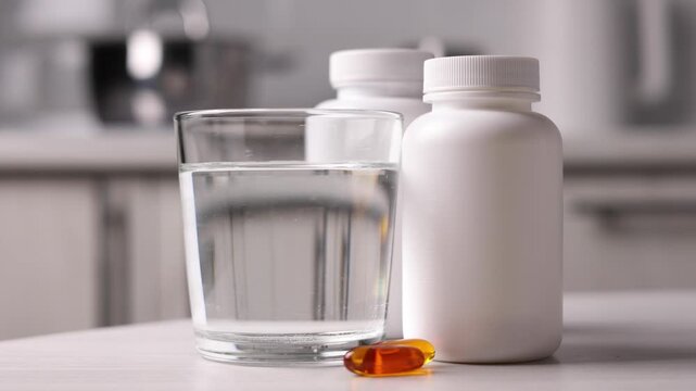 Stylish Presentation Of Health Supplement Containers With Emphasis On Safety And Organization. Omega 3
