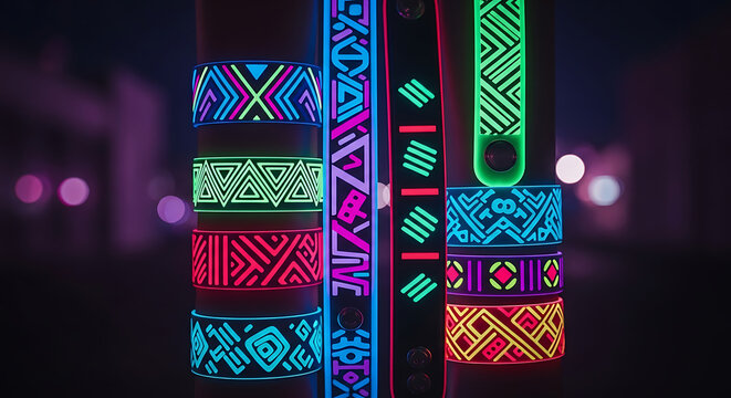 Neon glowing geometric wristbands with vibrant tribal patterns in a dark atmospheric setting