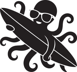 Black octopus wearing sunglasses holding surfboard isolated on transparent background, Vector, illustration © Rijvi