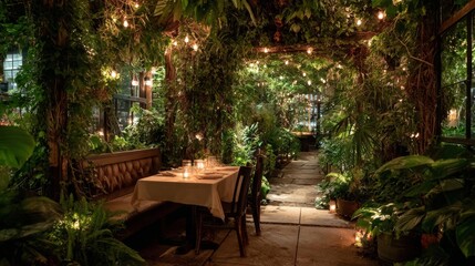 Fototapeta premium Romantic dinner setting in a lush green garden with fairy lights
