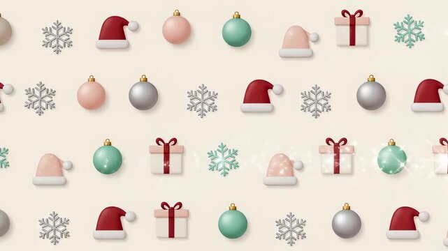 Snowflakes, Red Christmas Hats, Gingerbread Men, Ornaments, and Gifts Moving on Light Background. For festive holiday greetings, festive presentations, and holiday-themed content creation.