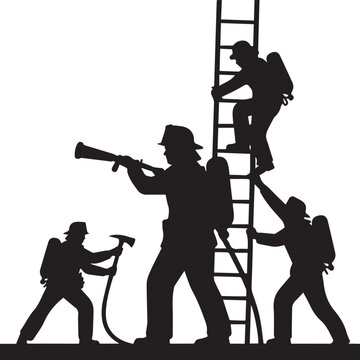 Silhouette of firefighters with ladder and tools isolated on transparent background, Vector, illustration