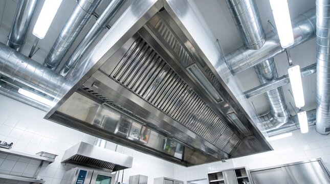  Large stainless steel exhaust hood, baffle filters, and ventilation ductwork in a professional commercial restaurant kitchen. Concept for deep cleaning, hygiene, and HVAC maintenance services.