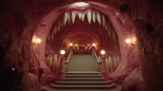 Surreal Monstrous Mouth Interior with Stairs and Lights
