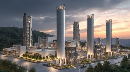 Naklejka premium The heart of natural gas: majestic storage towers at dusk. Neon poster. Natural gas storage facility with subtle evening hues. High contrast. Digital artwork.
