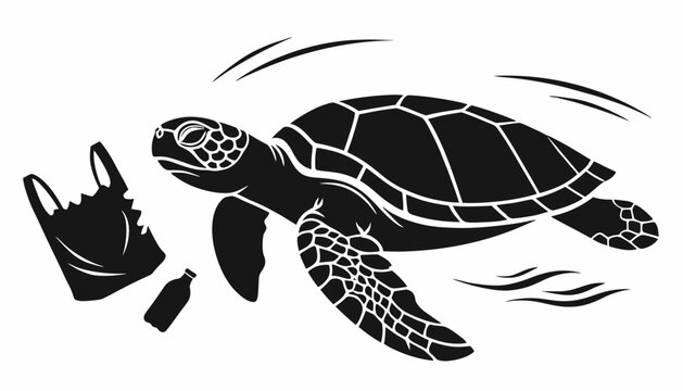A sea turtle swims quickly past discarded plastic pollution in ocean.