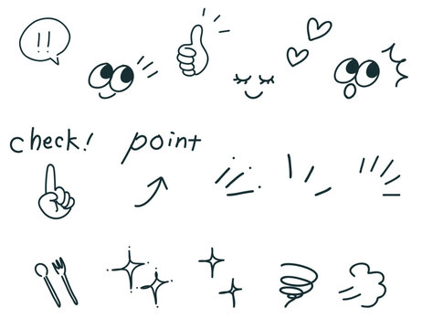 手描きリアクションアイコンセット 指差しやハートと吹き出しの手書き装飾素材｜チェック,ポイント,顔文字,キラキラ