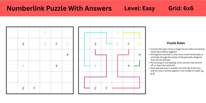 Number link Puzzle With Answers Level Easy Grid 6x6 best to enhance brain muscle memory for both kids and adults perfect for digital use or large print activity or books publishing