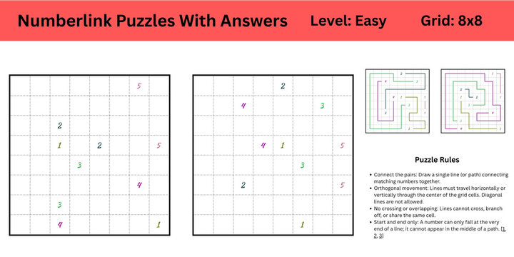 Number link Puzzles With Answers Level Easy Grid 8x8 best to enhance brain muscle memory for both kids and adults perfect for digital use or large print activity or books publishing