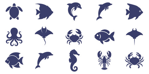 sea animal icons set with fish turtle dolphin octopus stingray crab seahorse and lobster silhouette vector illustration on transparent background © gerik_a